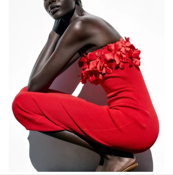 Zara  Floral Knit Elegant Red Strapless Dress Sz-L - Picture 6 of 10